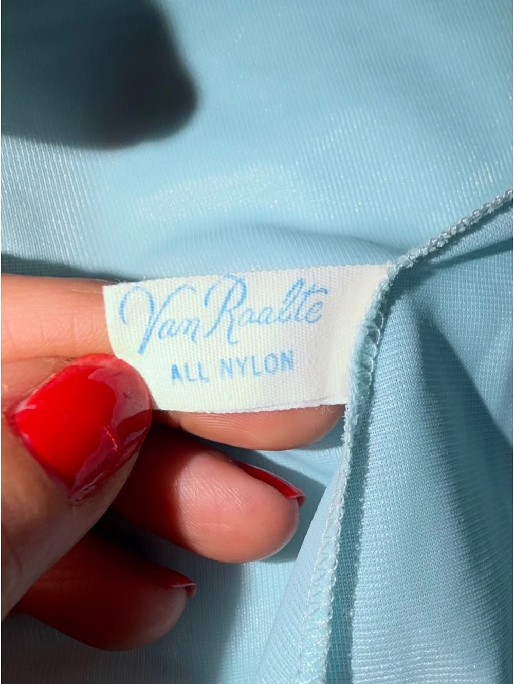 Vintage Van Raalte Light Blue Nylon Nightgown with Lace and Ribbon Detail